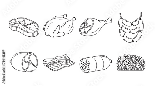 Set of hand drawn meat products including steak chicken ham sausages and bacon for culinary use vector