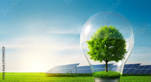 Energy saving and innovation- symbol of an eco-friendly light bulb with a tree and photovoltaic fields