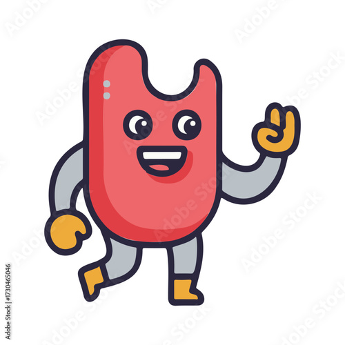 Friendly cartoon mascot making a peace sign, cute vector character illustration
