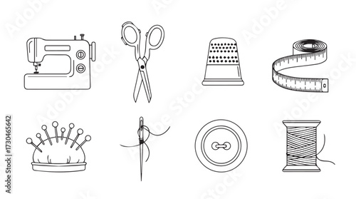 Collection of sewing supplies and notions for tailoring and craft projects vector