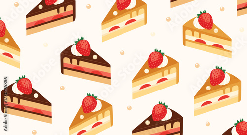 A delightful pattern featuring slices of cake with strawberries on top.