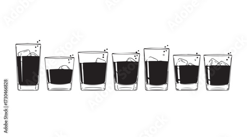 Group of seven small shot glasses filled with red liquid arranged together studio isolated vector