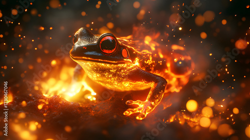 Digital rendering of a frog engulfed in vibrant flames, set against a dark backdrop of sparks and glowing embers. The image showcases detailed textures and intense lighting effects.