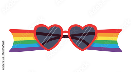 Heart shaped sunglasses with rainbow ribbon. These are pride themed accessories.