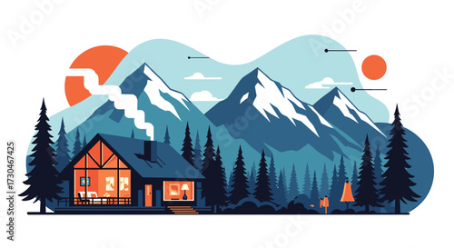 Cozy cabin nestled in a pine forest with majestic snow-capped mountains under a vibrant sky.