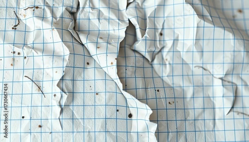 Close-up of crumpled, ink-stained graph paper, showing grid lines and dirt, blemished, school