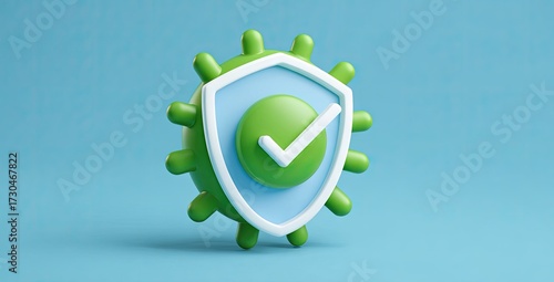 Green virus with shield symbol on a light blue background