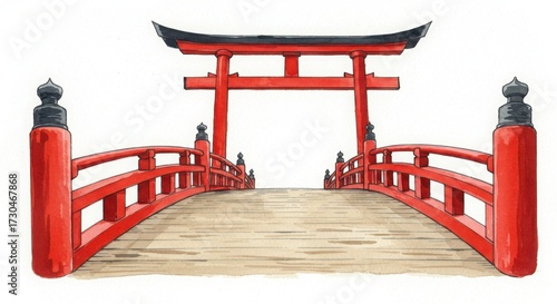 Low-angle shot of a traditional Japanese red wooden bridge in a watercolor style illustraion isolated on white background