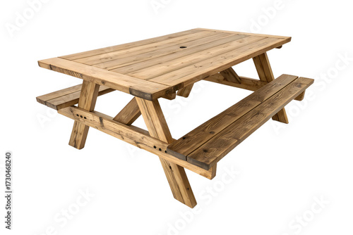 Rustic wooden picnic table with benches isolated on transparent background