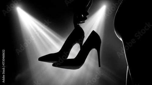 Elegant silhouette holding high heels under bright spotlights