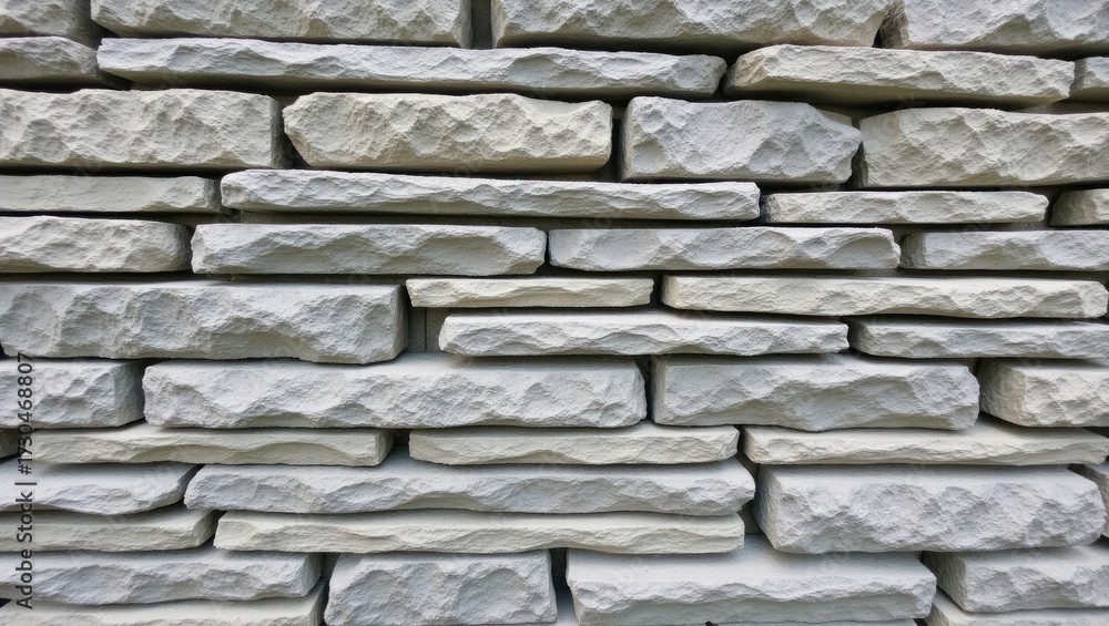 Fototapeta premium of a light-colored stone wall constructed with layered, rectangular stones, showcasing a rough, textured surface.