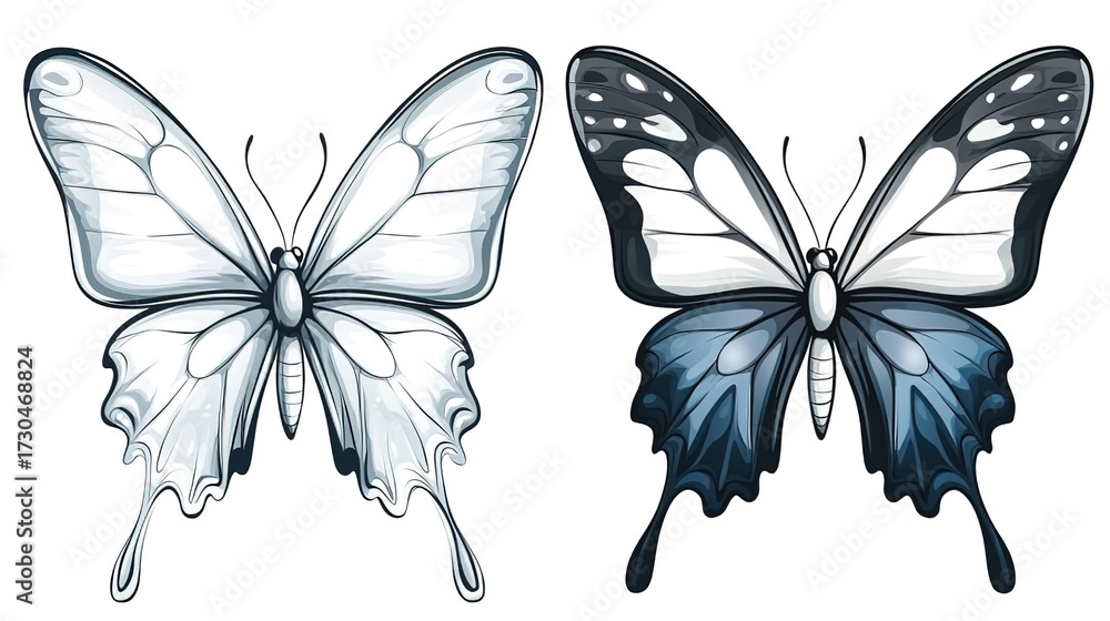 Fototapeta premium Two Illustrative Butterflies with Distinct Wing Patterns on White Background