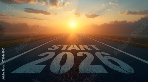“Start 2026 – A Scenic Sunrise Road Symbolizing New Beginnings, Personal Growth, and the Journey Toward Future Goals in a Misty, Hopeful Landscape 2026 Happy New Year Background Design. Greeting Card,