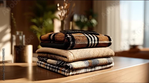 Stacked textile items in a warm interior setting on a wooden surface