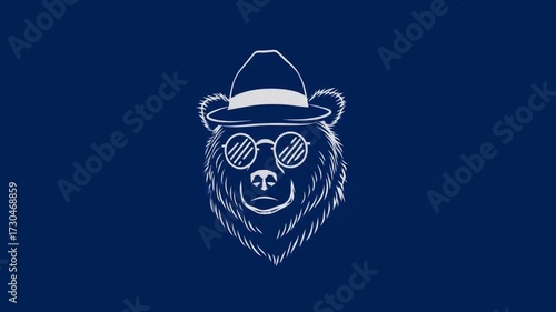 Line art illustration of a bear wearing hat and glasses on a blue background