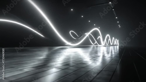 Abstract digital light trails on reflective surface in dark interior