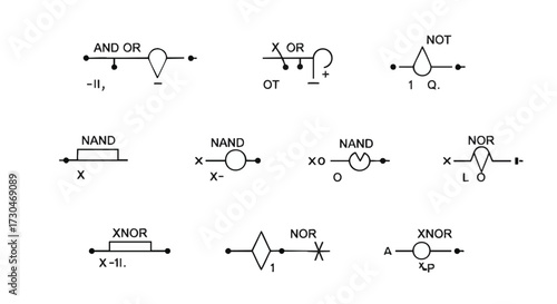 Digital logic gate symbols AND, OR, NOT, NAND, NOR, XOR, XNOR. Schematic representations for electronic circuits and computing