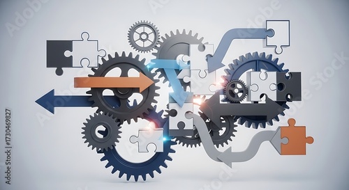 Dynamic system of gears, arrows, and puzzle pieces symbolizing strategic business processes, collaboration, and integrated problem-solving for optimal efficiency