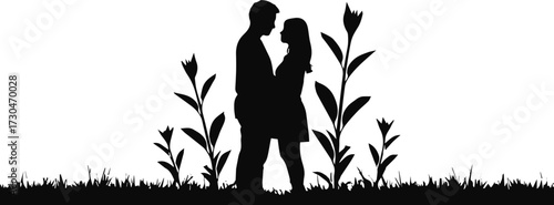 Romantic silhouettes of couple embracing in a garden setting, perfect for wedding invitations and love-themed designs