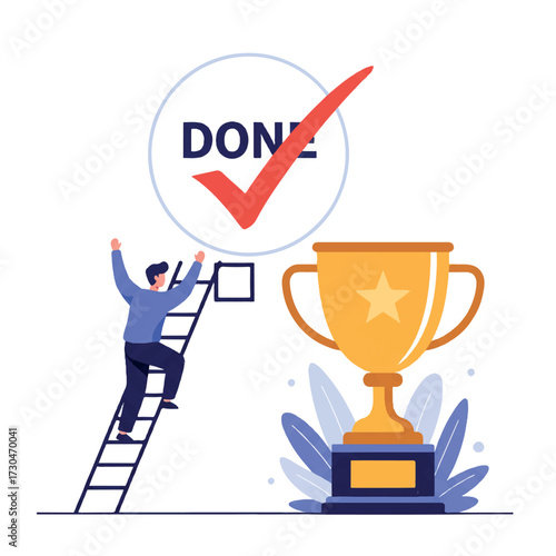 Vibrant 2D flat vector illustration of an enthusiastic person climbing a ladder towards a giant 'done' checkbox, symbolizing successful task completion and goal achievement.