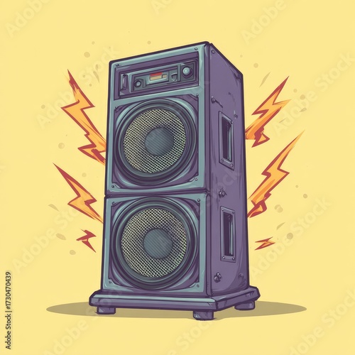 Illustration of a vintage speaker system with sound waves and lightning