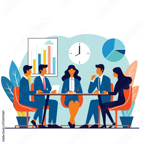Business people sitting together at a meeting table, analyzing reports and statistics.