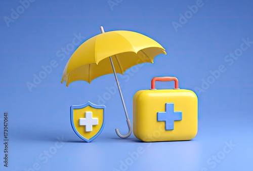 Insurance concept with umbrella shield first aid kit on blue background