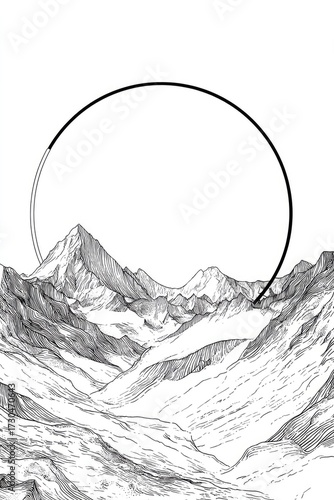 Illustration of mountain range with a circular graphic element on white background