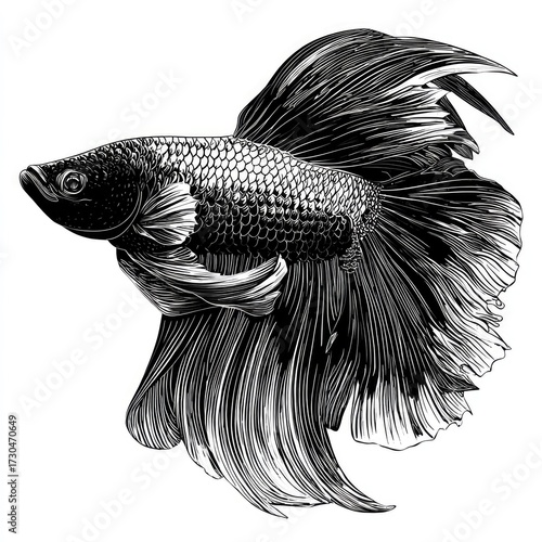 Intricate black and white illustration of a siamese fighting fish isolated