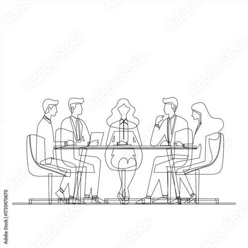Line art illustration of a corporate team brainstorming during a meeting session.