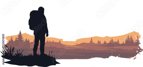 Backpacker silhouette standing on a cliff overlooking a stunning sunset landscape with mountains and trees