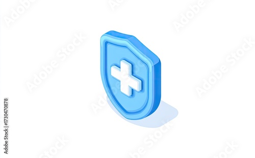 Isometric blue shield icon with white cross for healthcare and safety