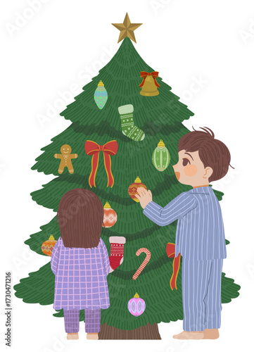 クリスマスツリーの飾りつけをする男の子と女の子のイラスト