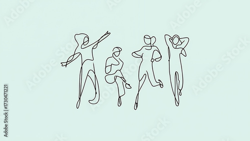 A minimalist line drawing of five diverse figures in various dynamic poses against a solid light blue background.