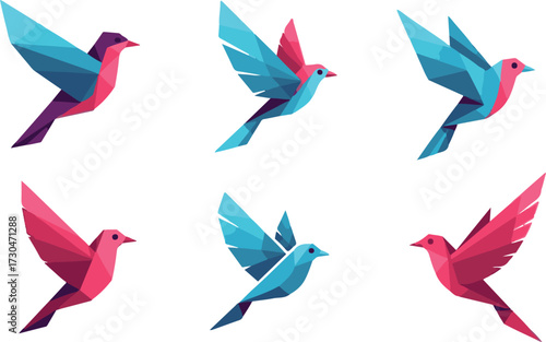 Collection of Colorful Geometric Flying Birds on White Background