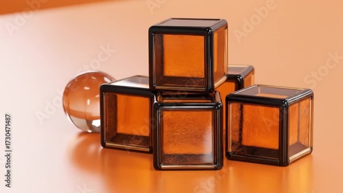 Abstract composition with glass cubes and sphere on vibrant orange background