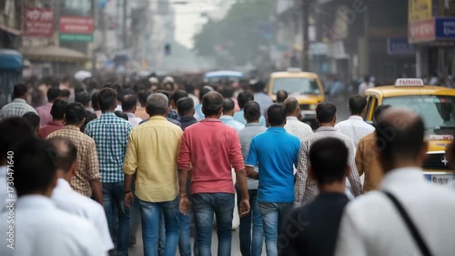 People walking through a busy street in India towards yellow cabs, capturing the hustle and bustle of everyday life in a vibrant urban environment