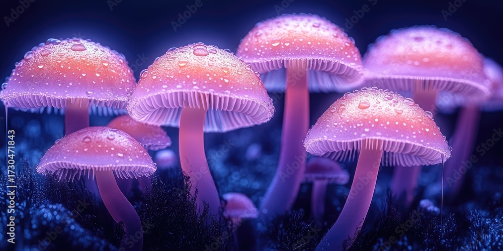 Obraz premium Glowing Dew Covered Mushrooms In Dark Forest