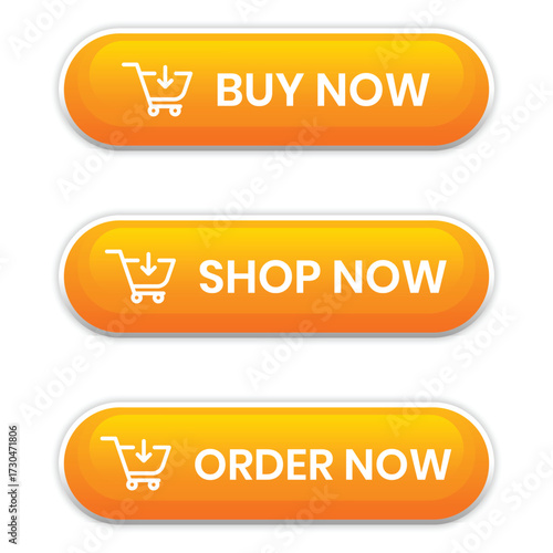 three set of buy now shop now and order now button in orange color