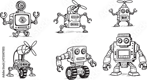 Collection of Diverse Hand-Drawn Robot Characters in Black and White Doodle Style