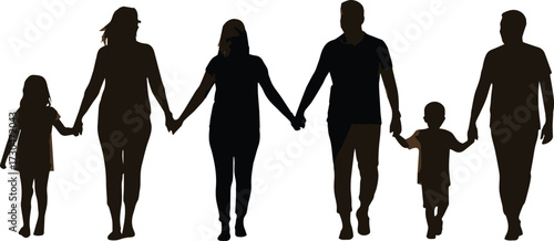 Family silhouette walking together holding hands representing unity, love, and togetherness on a white background, ideal for family projects