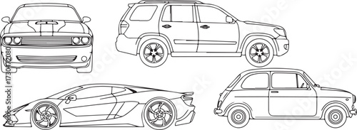 Collection of Diverse Automobile Outline Illustrations