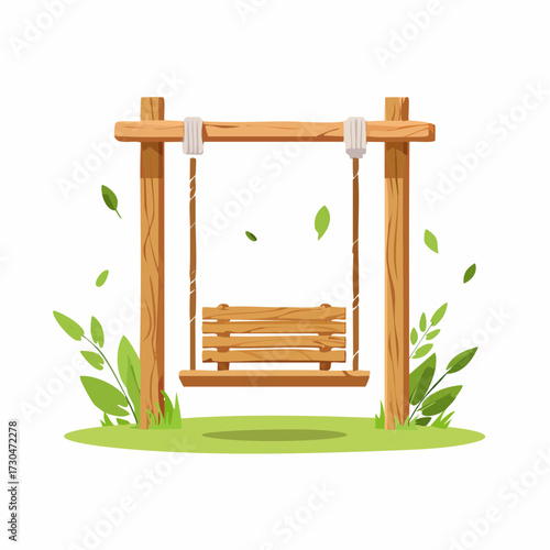 Garden Swing Illustration Modern Wooden Swing Set with Greenery Elements on a White Background