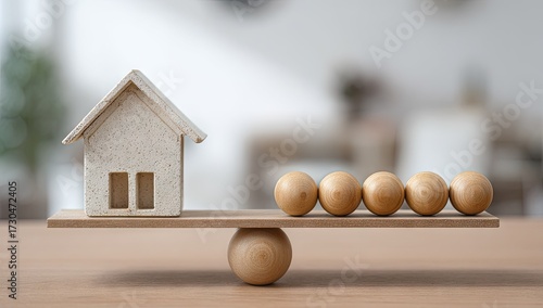 Miniature house balanced with eggs on a wooden scale symbolizing concepts