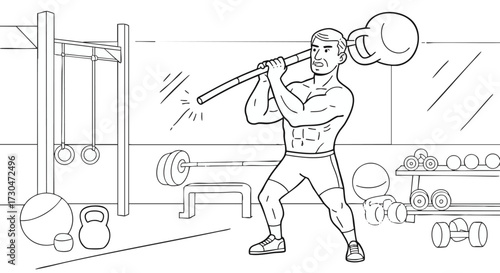 Fitness enthusiast training with kettlebell and dumbbells in a modern gym environment
