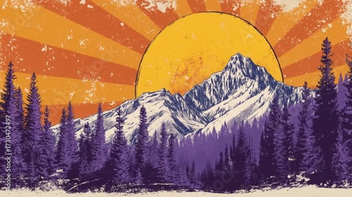 Retro illustration of mountain range and sunset with pine trees