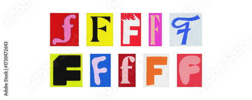 Colorful letter F collage from magazine clippings, isolated transparent PNG

