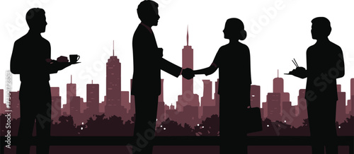 Business deal handshake silhouette against cityscape backdrop, with individuals offering refreshments, representing collaboration and success