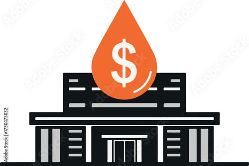 Financial Building with Orange Money Droplet Symbol
