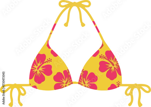 Tropical Yellow Bikini Top with Pink Hibiscus Floral Pattern